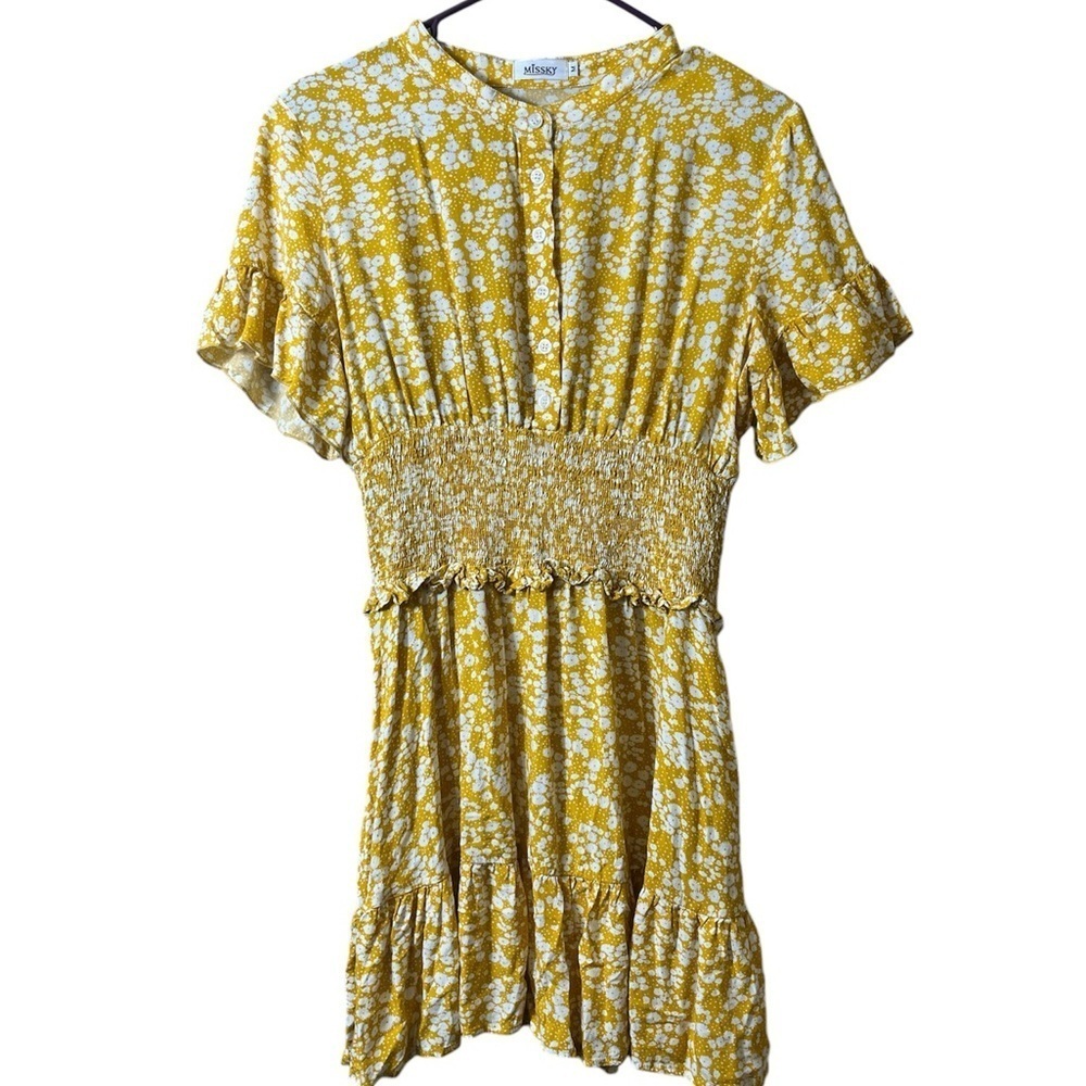 Yellow Floral Boho Mini Dress Size Medium Romantic Cottagecore Summer